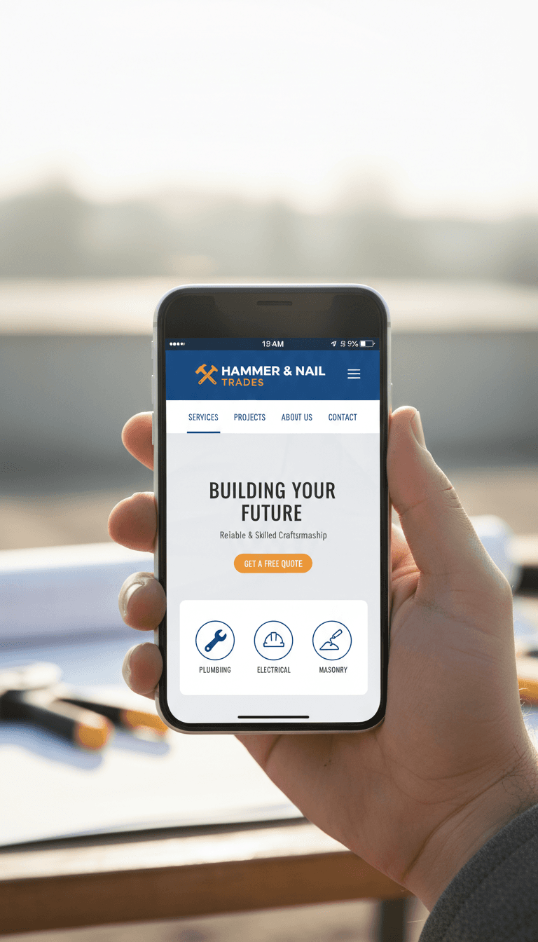Mobile website design for trade business displayed on phone